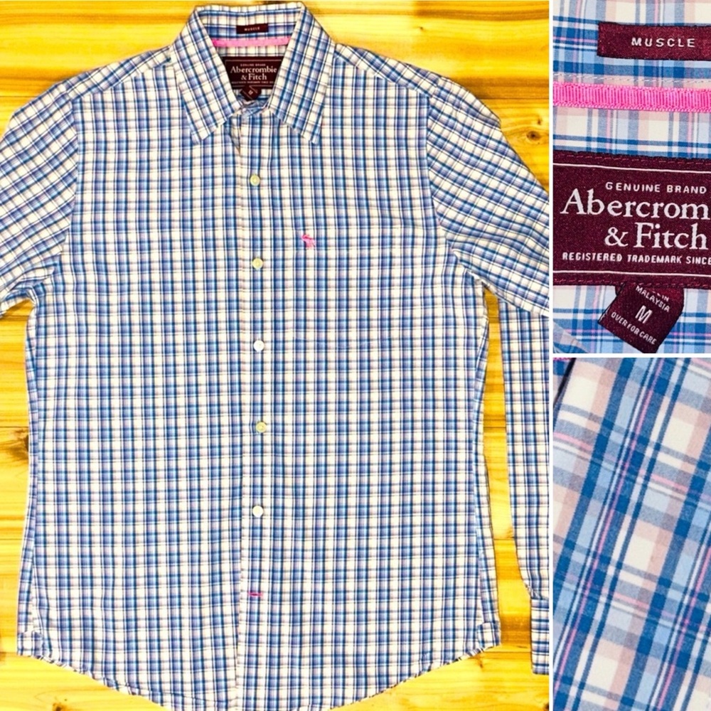 Abercrombie & Fitch- blue/white checked Muscle Fit Button Down- Men’s Medium